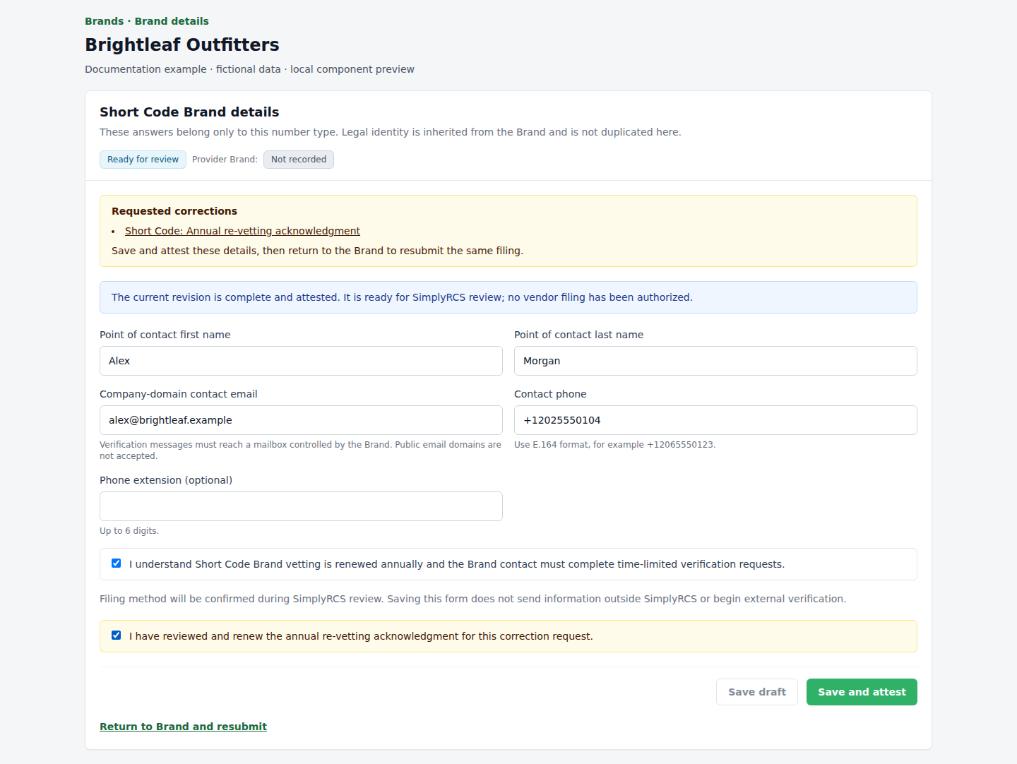 Short Code acknowledgment renewal