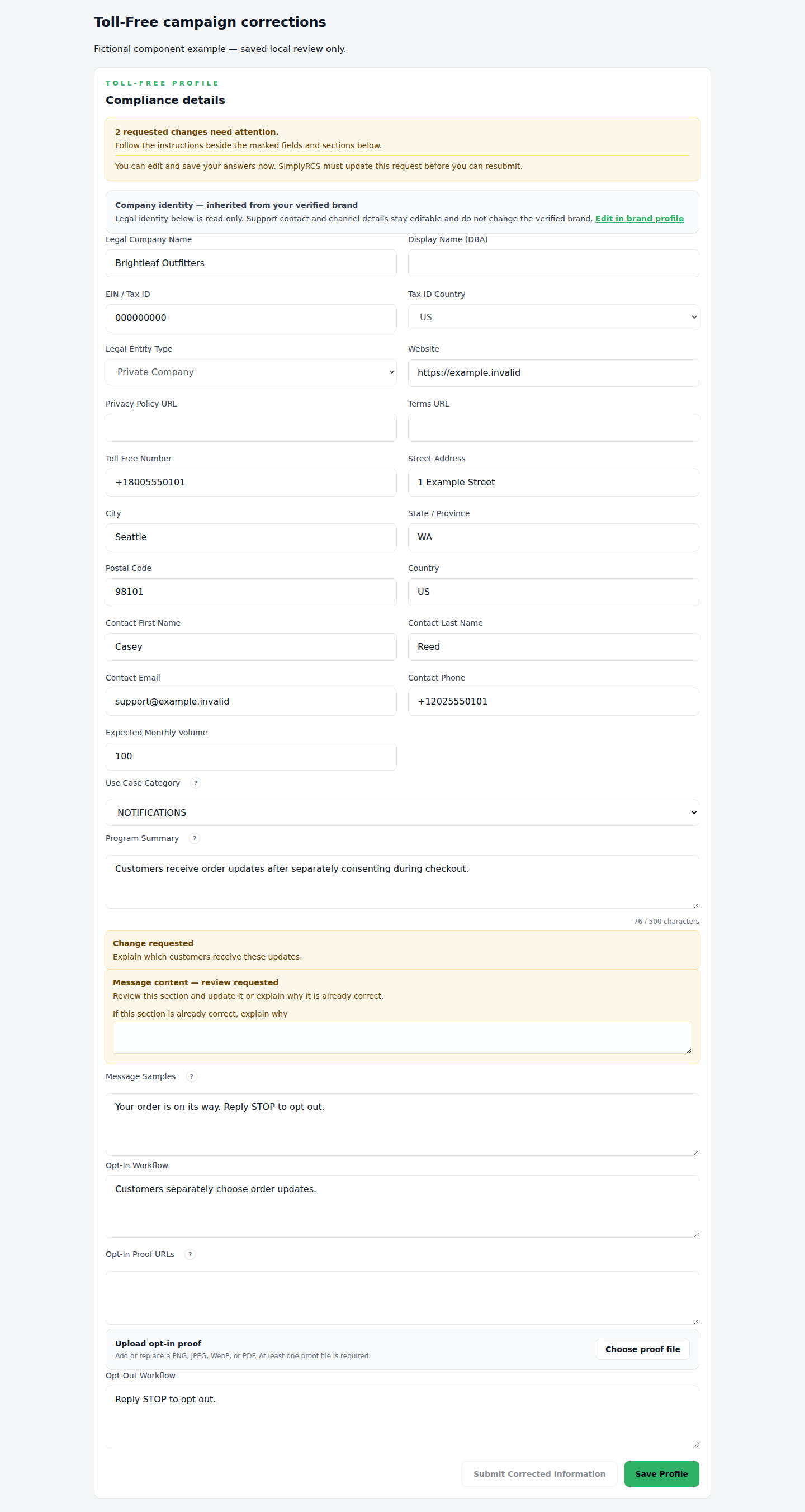 Toll-Free campaign correction instructions beside the campaign form
